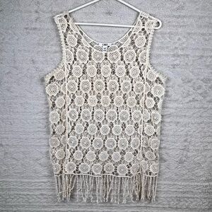 Cato Ivory Crochet Medalion Boho Tank Top Size Large Fringe Bottom Boho Festival